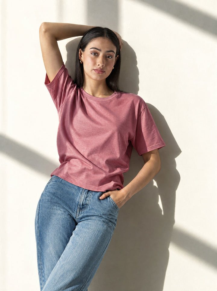 Women's Solid Crew Neck Relaxed Fit Interlock T-Shirt