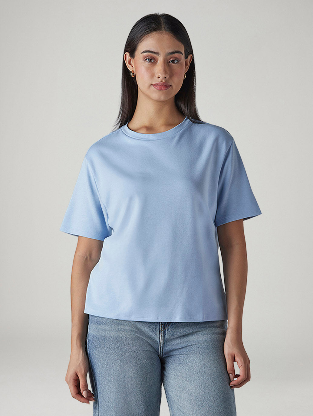 Women's Solid Crew Neck Relaxed Fit Interlock T-Shirt - 20 View