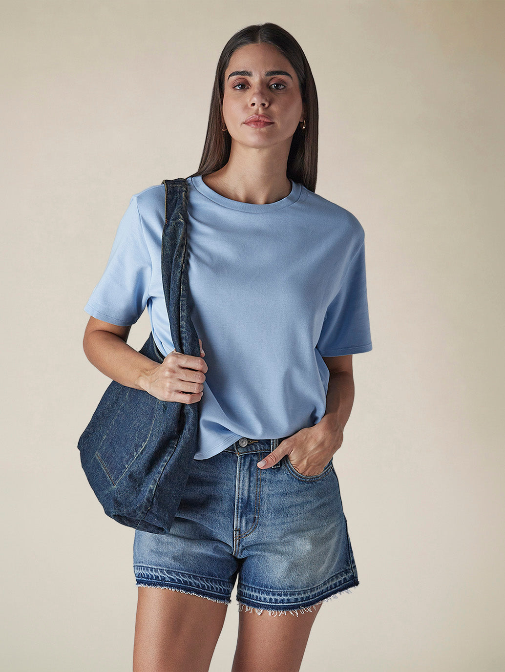 Women's Solid Crew Neck Relaxed Fit Interlock T-Shirt - Styleshot View