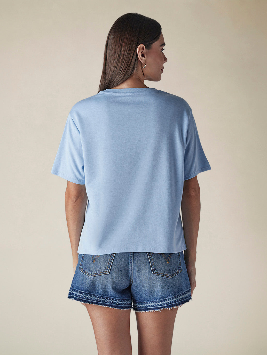 Women's Solid Crew Neck Relaxed Fit Interlock T-Shirt - Back View