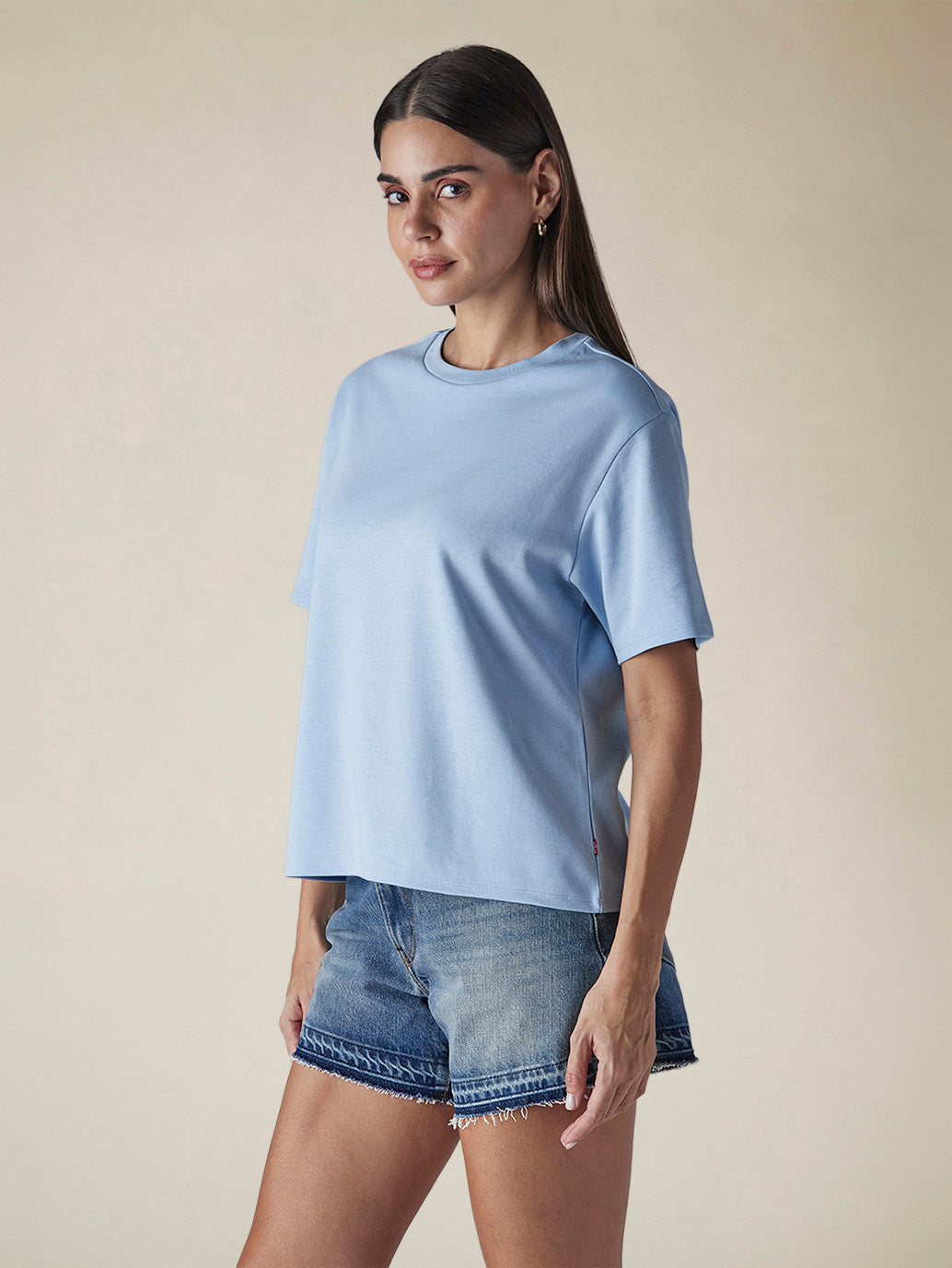 Women's Solid Crew Neck Relaxed Fit Interlock T-Shirt - Side View