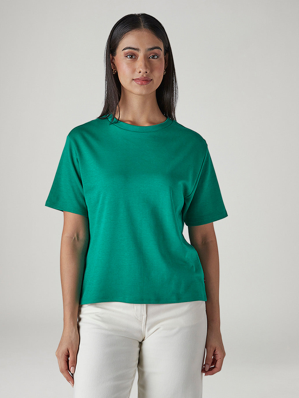 Women's Solid Crew Neck Relaxed Fit Interlock T-Shirt - Front View