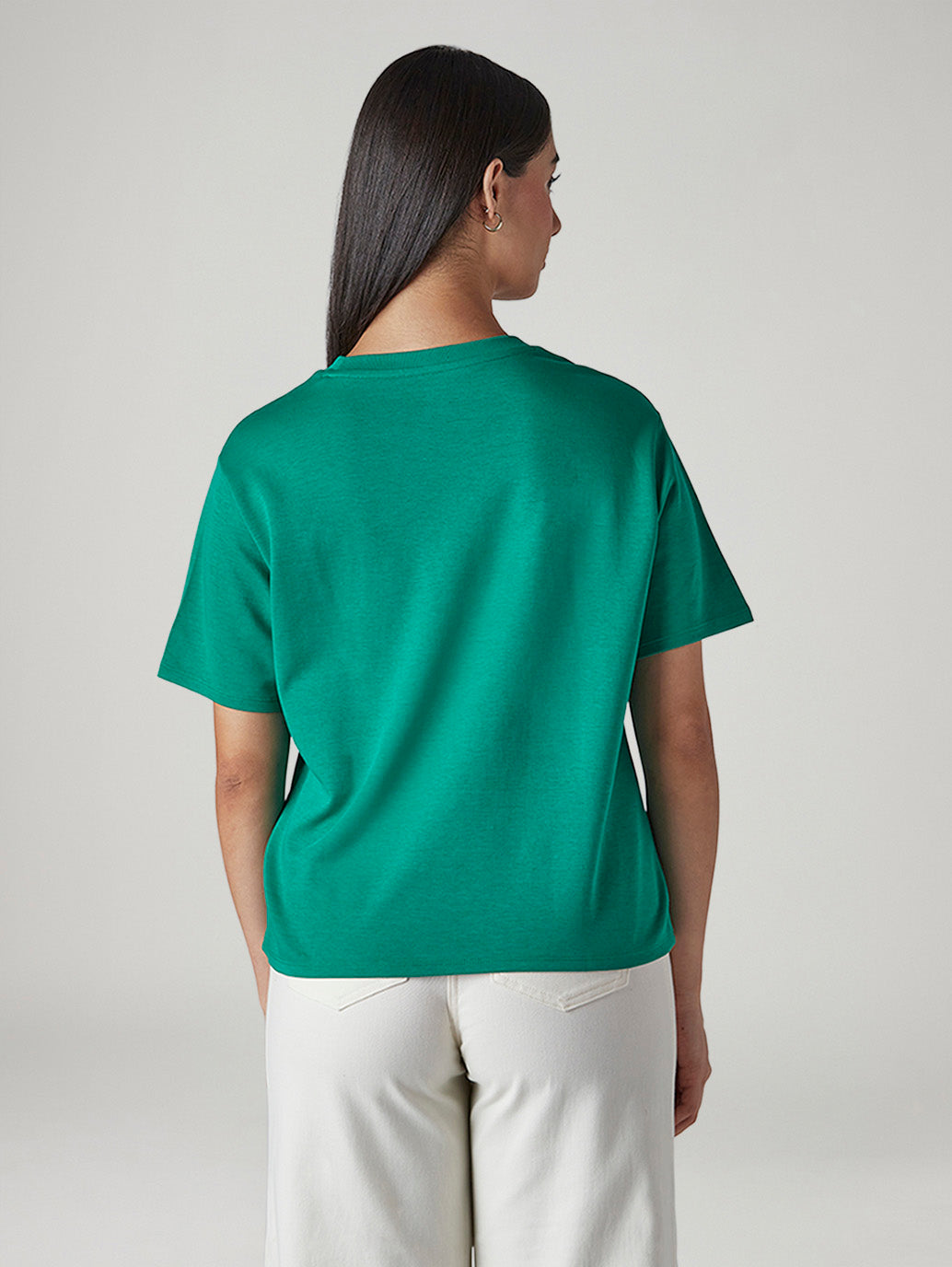 Women's Solid Crew Neck Relaxed Fit Interlock T-Shirt - Back View