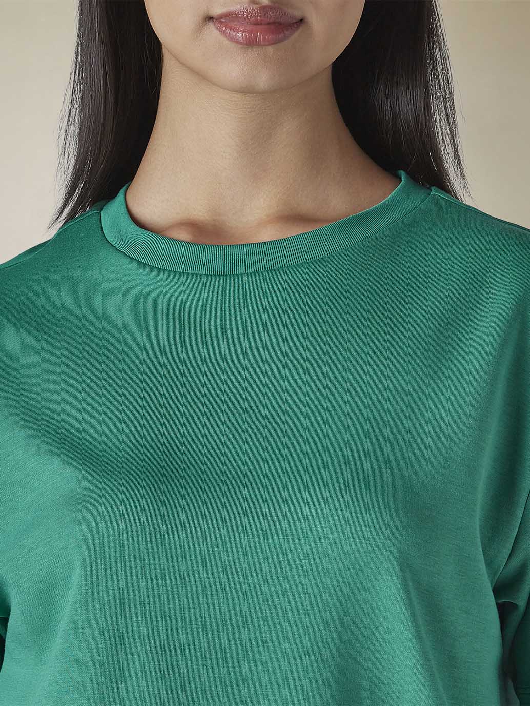 Women's Solid Crew Neck Relaxed Fit Interlock T-Shirt - Detail View