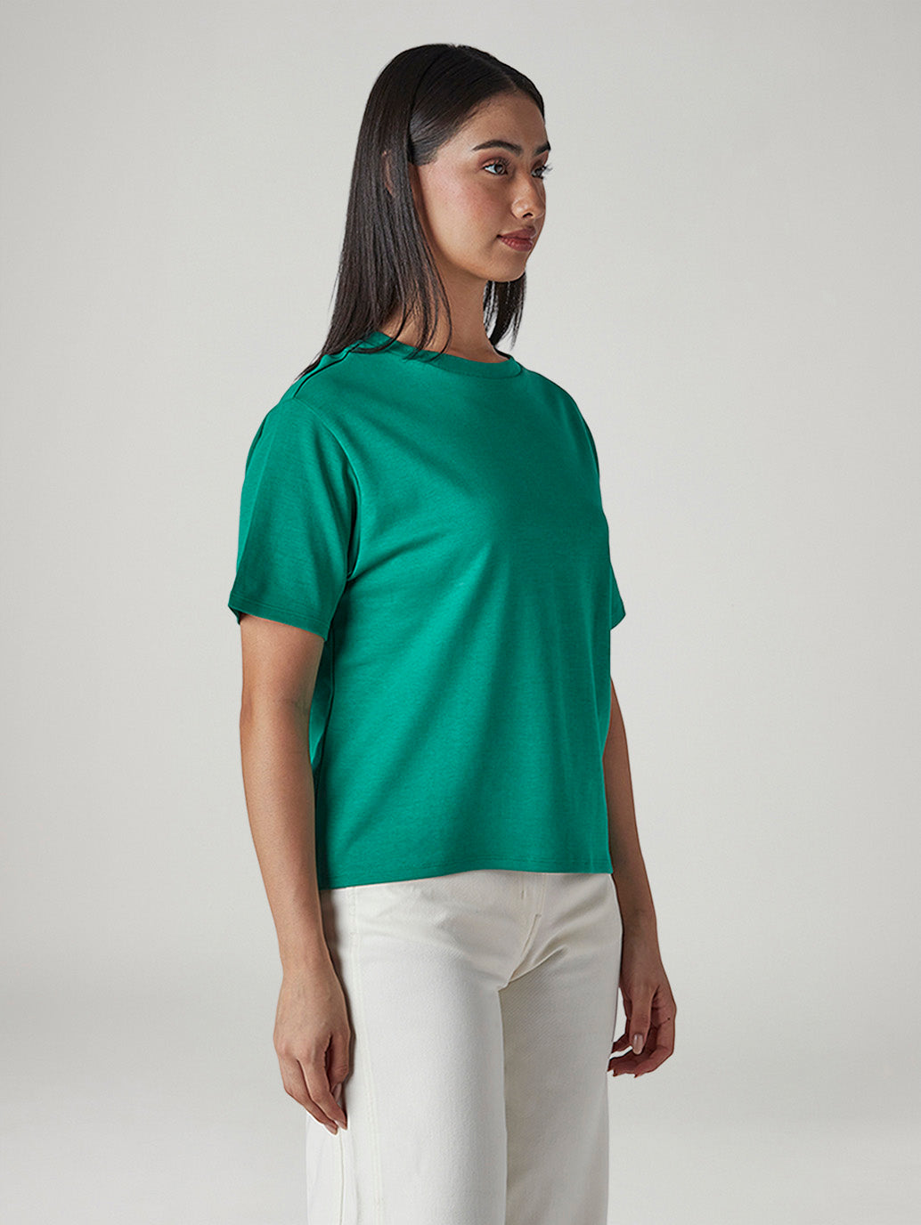 Women's Solid Crew Neck Relaxed Fit Interlock T-Shirt - Side View