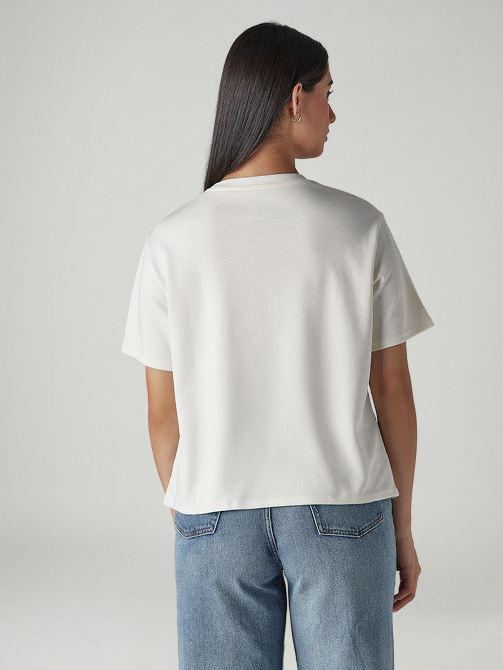 Women's Solid Crew Neck Relaxed Fit Interlock T-Shirt - Back View