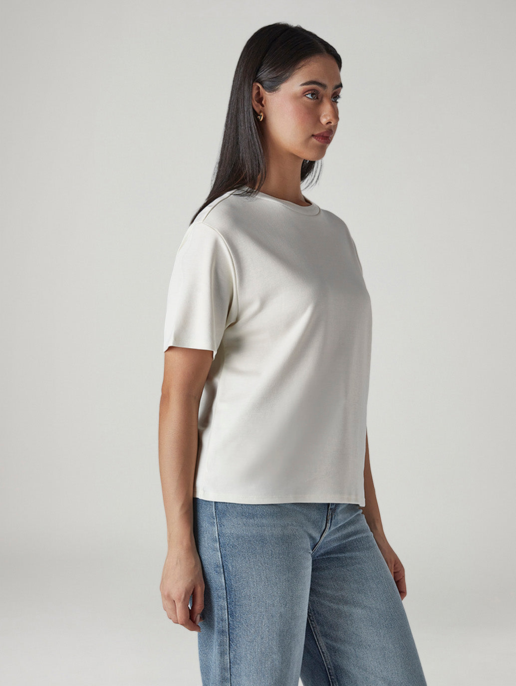 Women's Solid Crew Neck Relaxed Fit Interlock T-Shirt - Side View