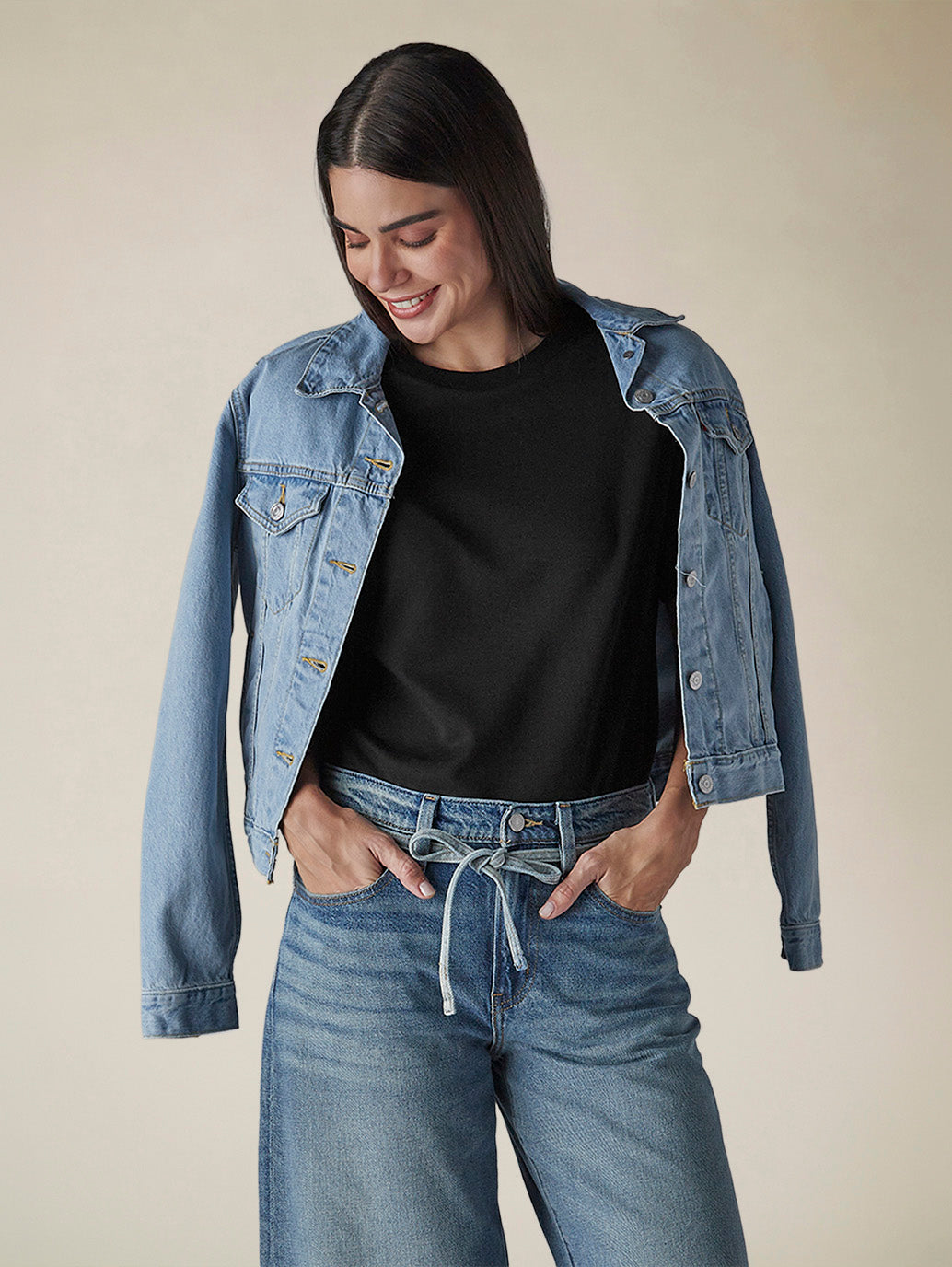 Women's Solid Crew Neck Relaxed Fit Interlock T-Shirt - Styleshot View