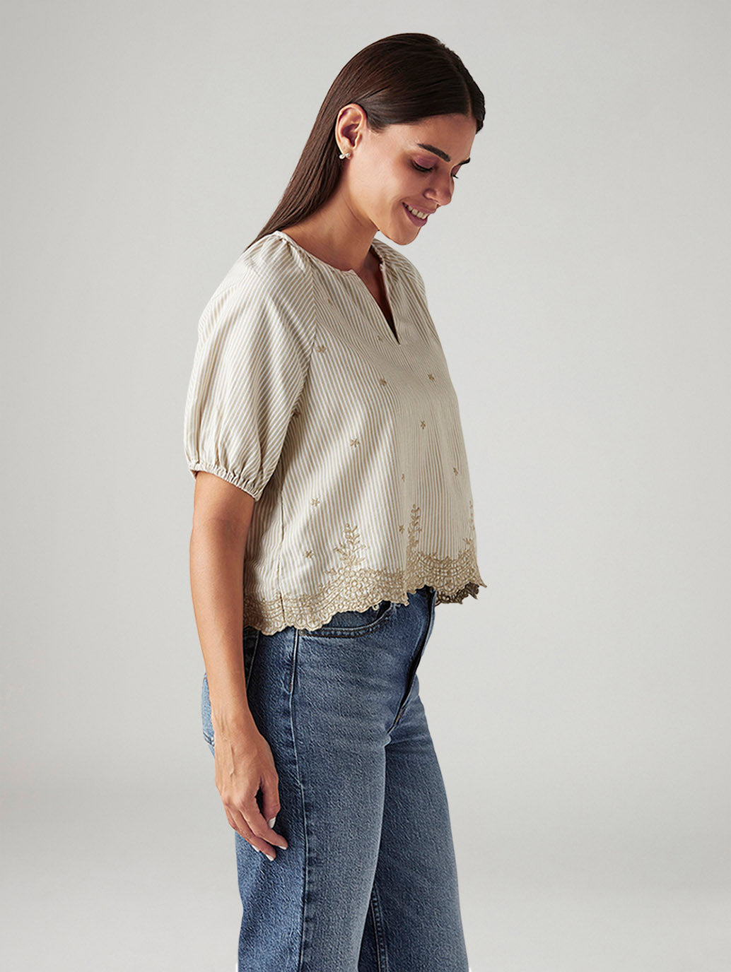 Women's Striped Beige V-Neck Top - Side View