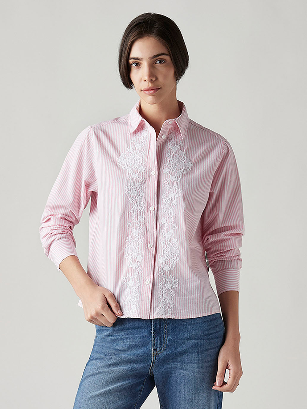 Women's Striped Regular Fit Embroidered Shirt - Styleshot View