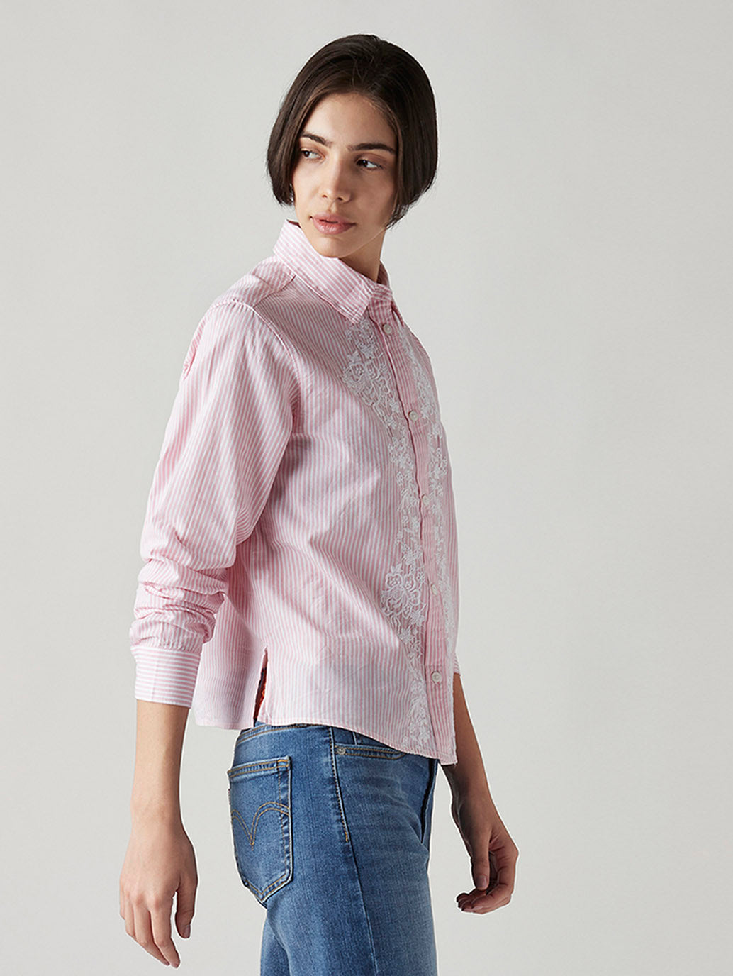 Women's Striped Regular Fit Embroidered Shirt - Side View