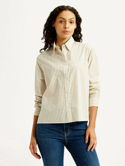 Women's Striped Beige Relaxed Fit Poplin Shirt-image-3