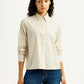 Women's Striped Beige Relaxed Fit Poplin Shirt - Front View