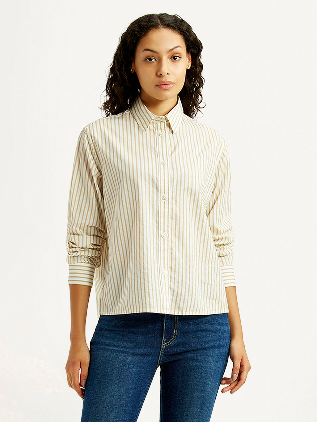 Women's Striped Beige Relaxed Fit Poplin Shirt - Front View