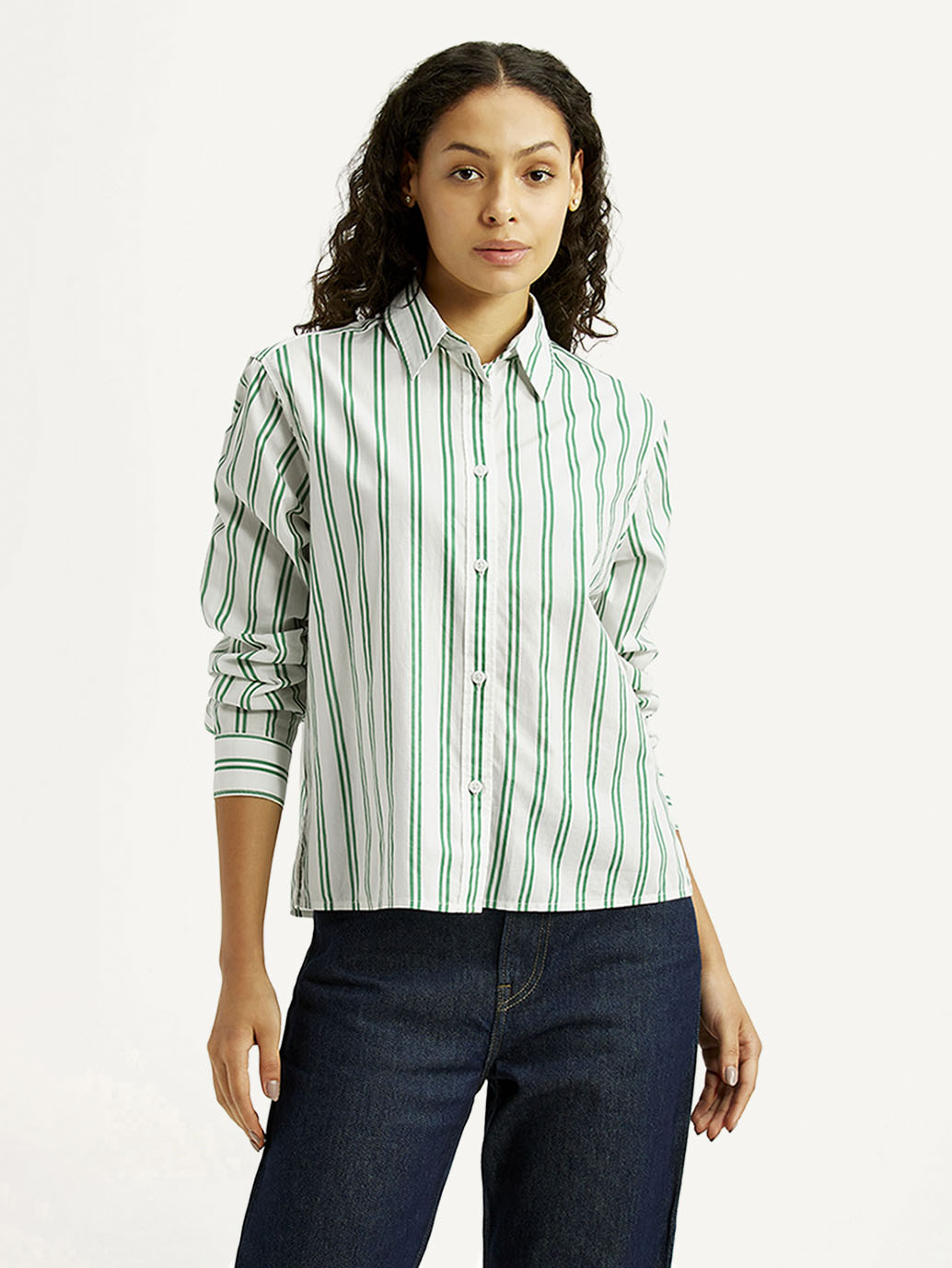 Women's Striped White Relaxed Fit Poplin Shirt - Front View