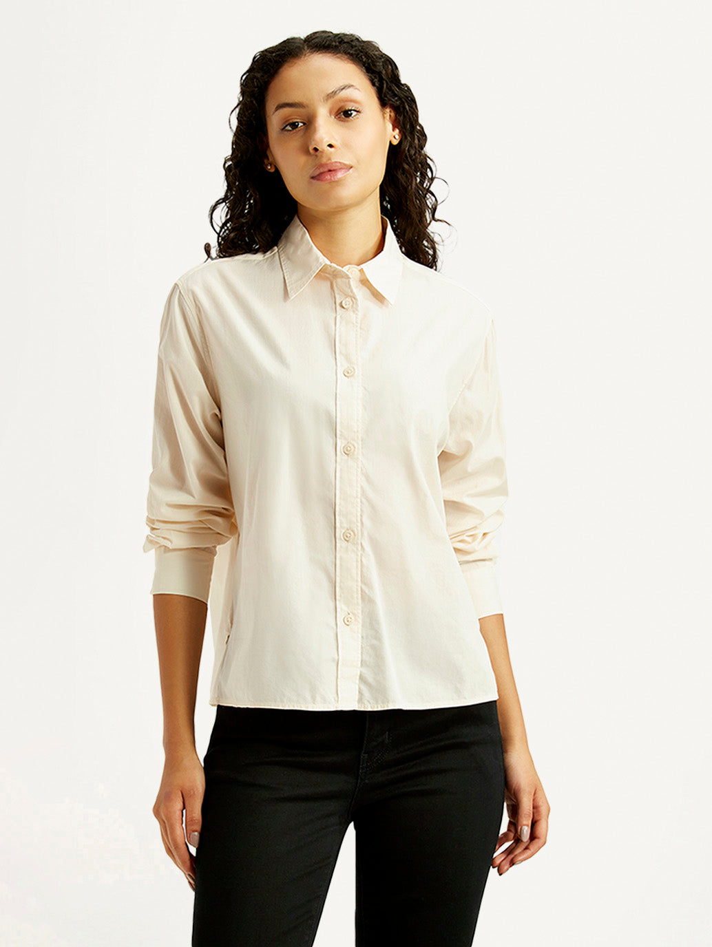Women's Solid Cream Relaxed Fit Poplin Shirt - Front View