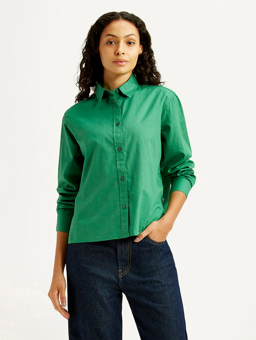Women's Solid Green Relaxed Fit Poplin Shirt - Styleshot View