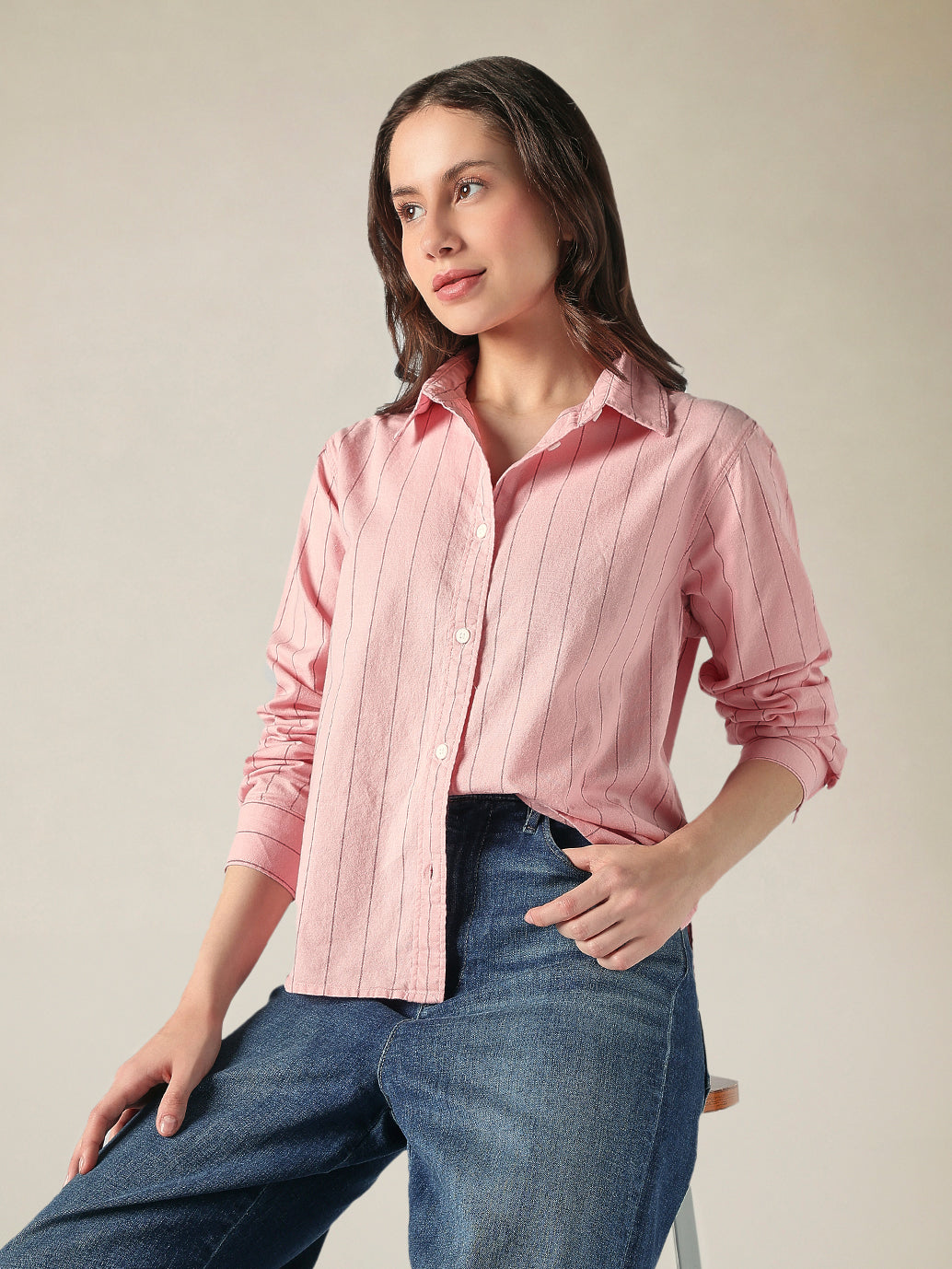 Women's Cotton Regular Fit Striped Oxford Shirt - Styleshot View