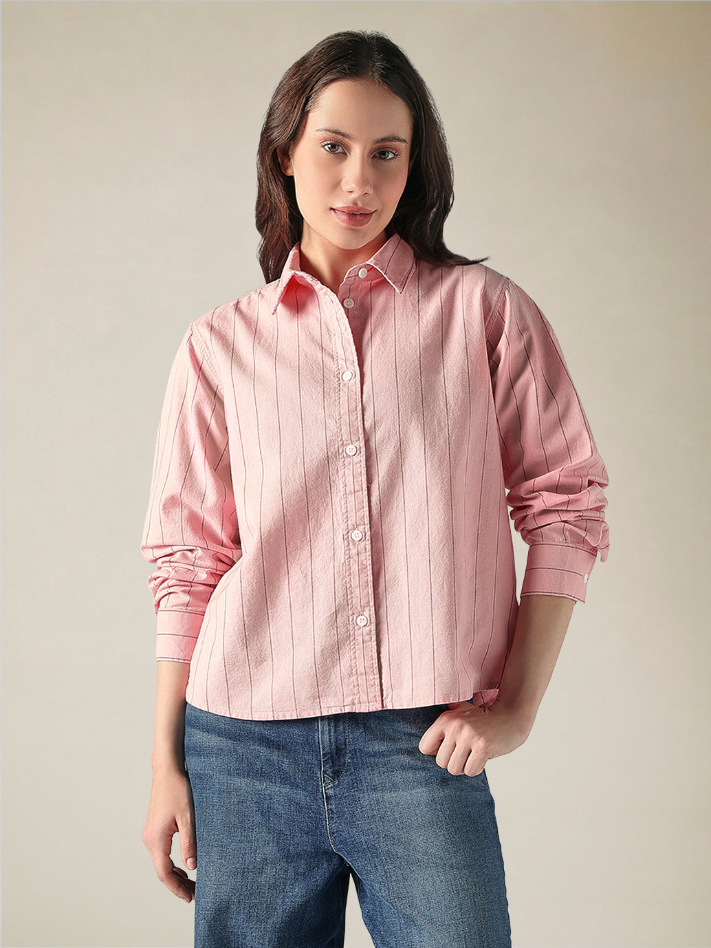 Women's Cotton Regular Fit Striped Oxford Shirt - Front View