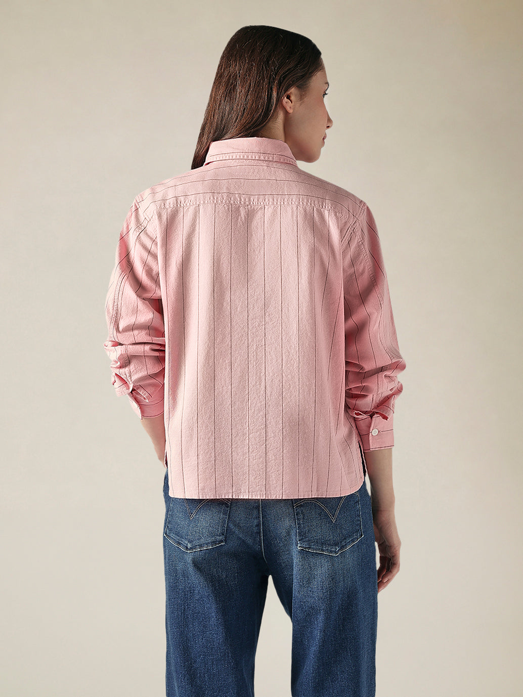 Women's Cotton Regular Fit Striped Oxford Shirt - Back View
