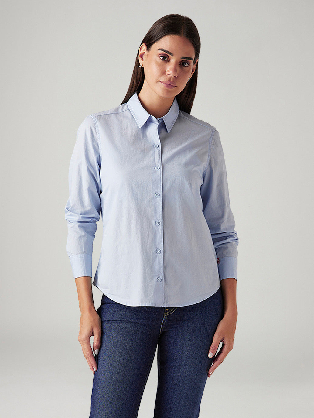 Women's Solid Light Blue Spread Collar Shirt - Front View
