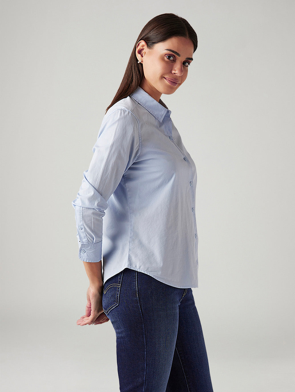 Women's Solid Light Blue Spread Collar Shirt - Side View