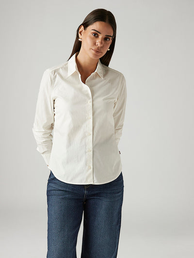 Women's Solid Off White Spread Collar Shirt