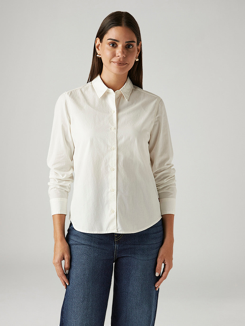 Women's Solid Off White Spread Collar Shirt - Front View
