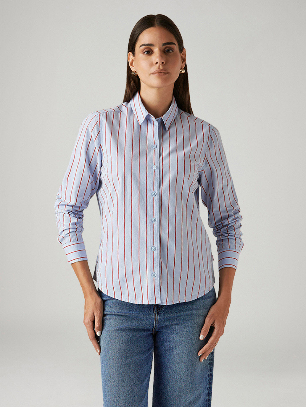 Women's Striped Light Blue Slim Fit Shirt - Front View