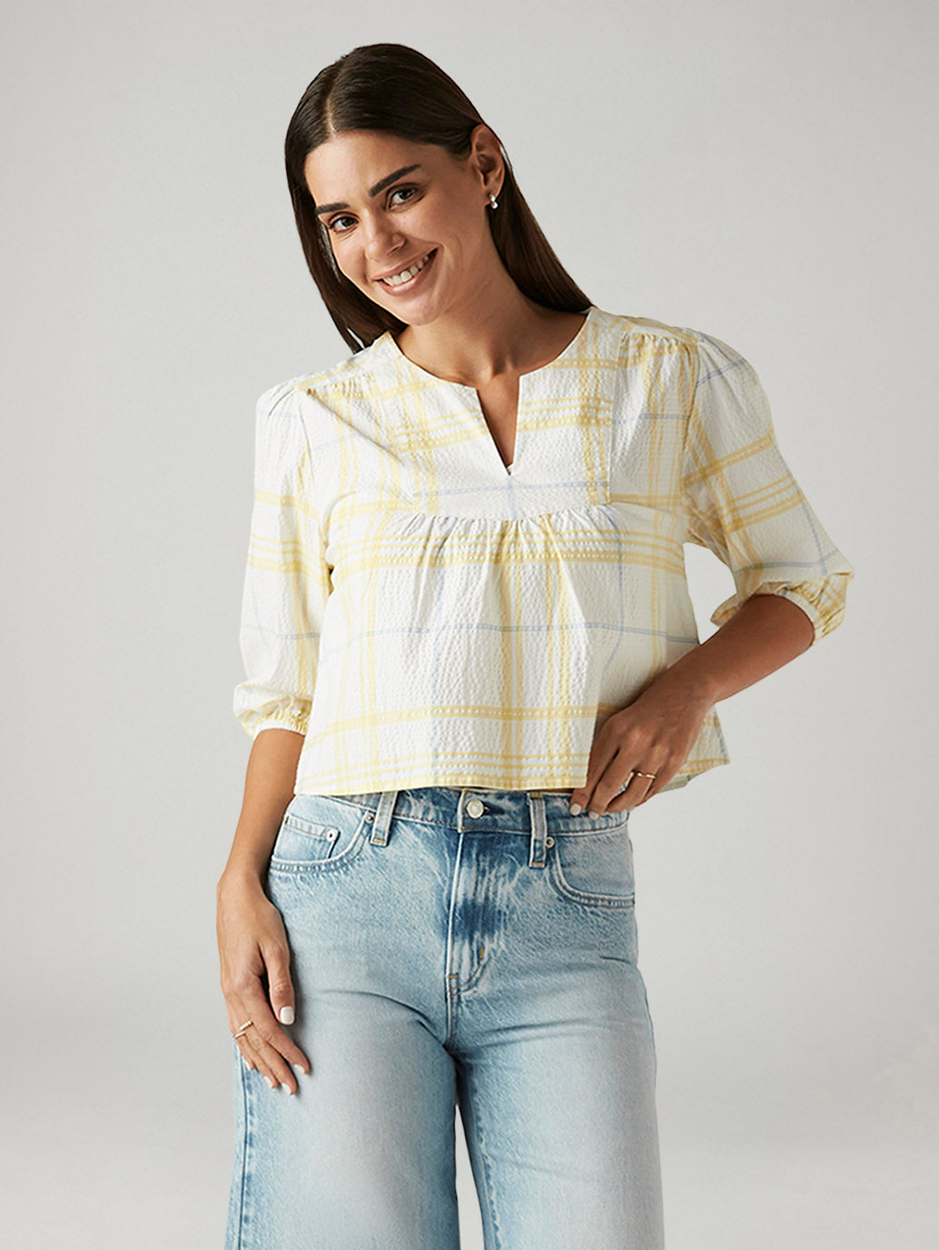 Women's Checkered White V-Neck Top