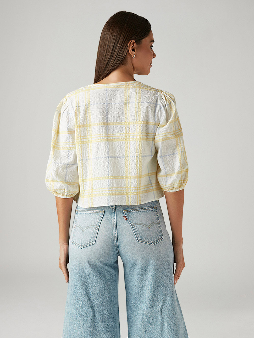 Women's Checkered White V-Neck Top - Back View