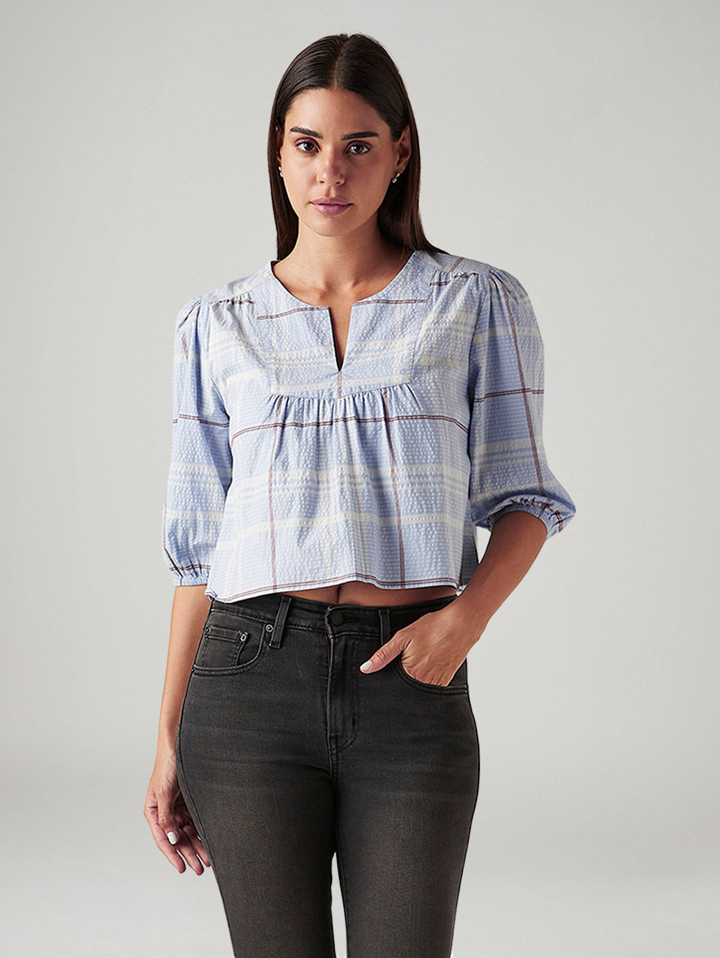 Women's Checkered Light Blue V-Neck Top - Styleshot View