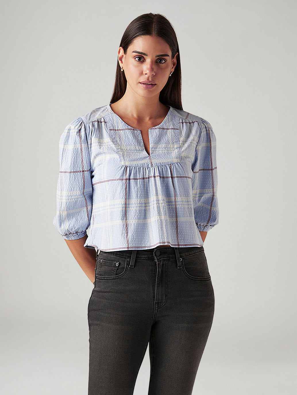 Women's Checkered Light Blue V-Neck Top - Front View