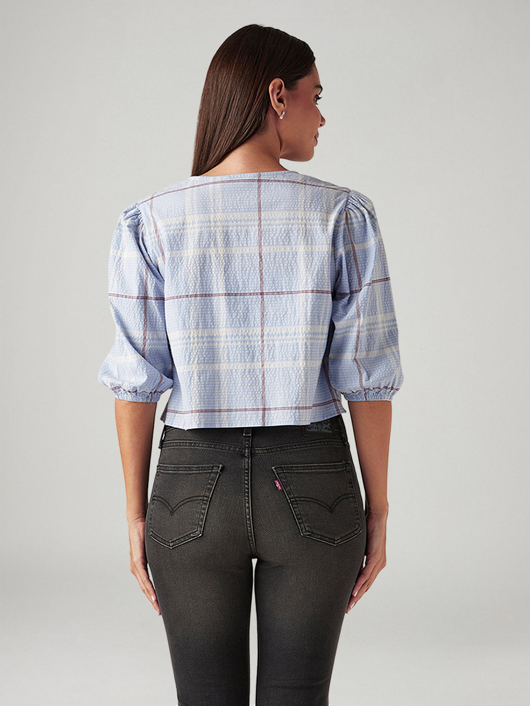 Women's Checkered Light Blue V-Neck Top - Back View