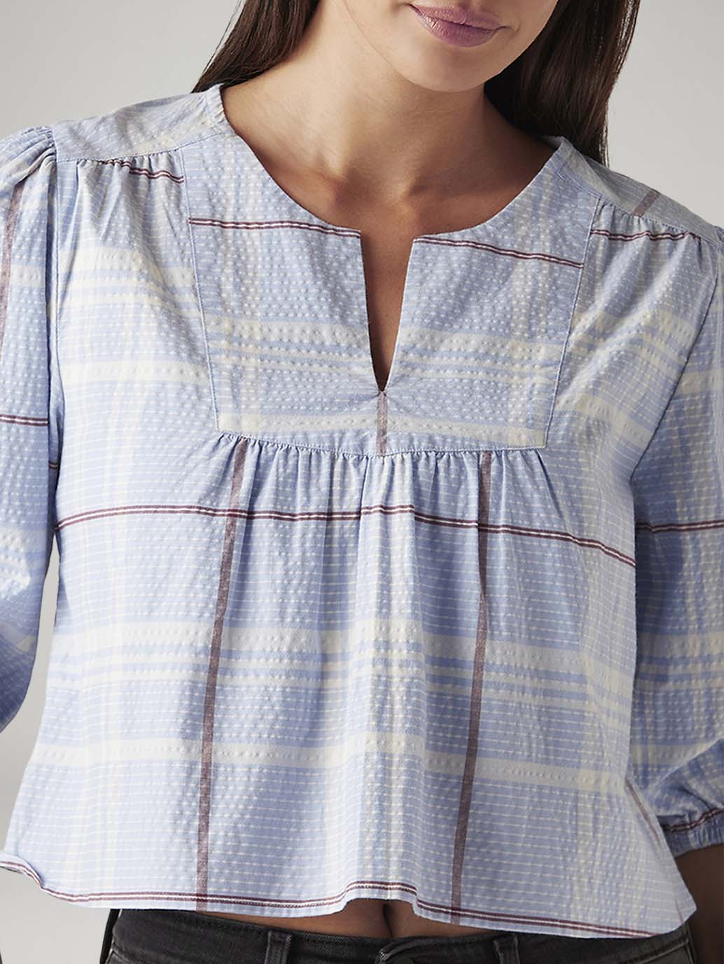 Women's Checkered Light Blue V-Neck Top - Detail View