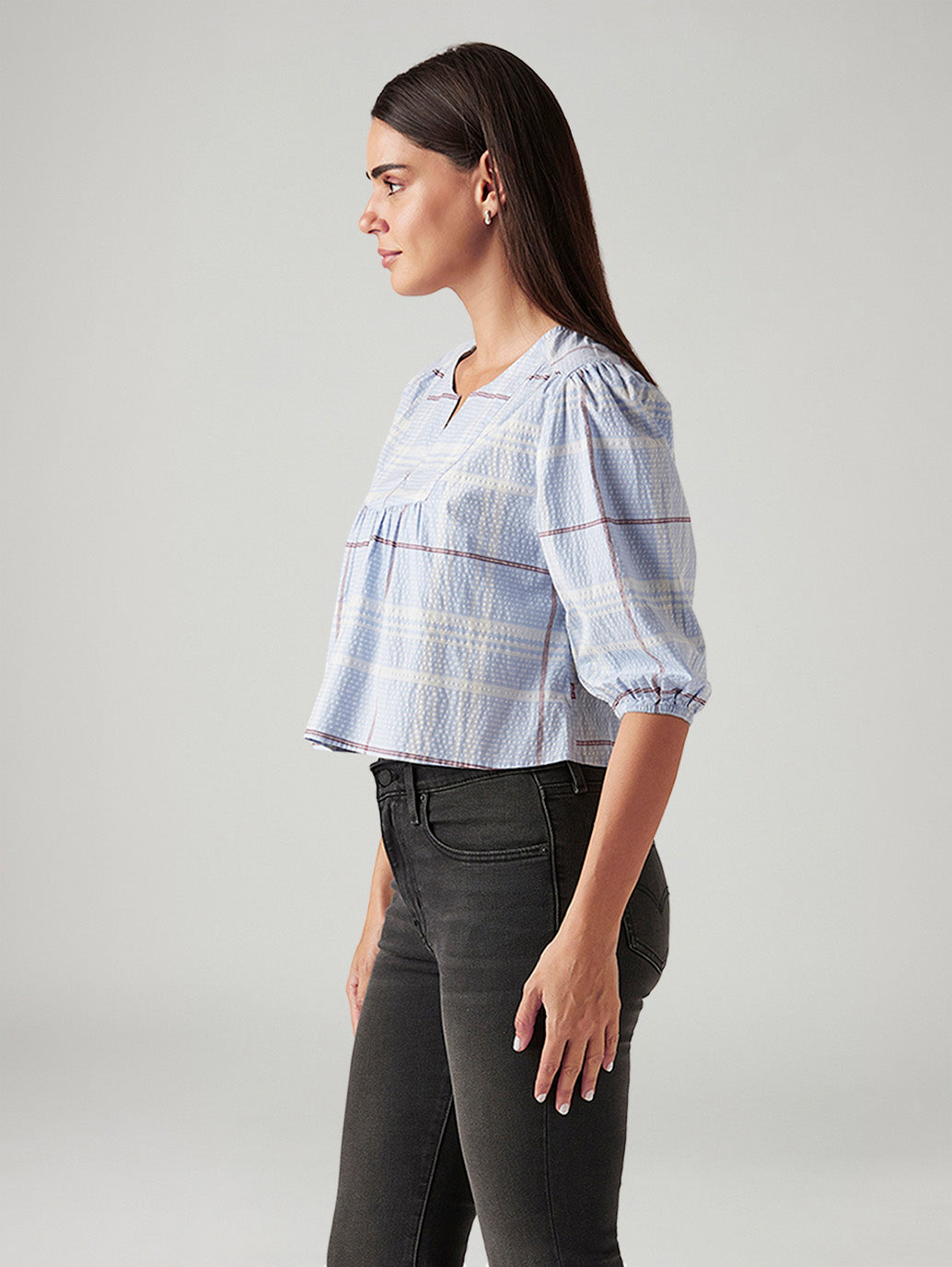 Women's Checkered Light Blue V-Neck Top - Side View