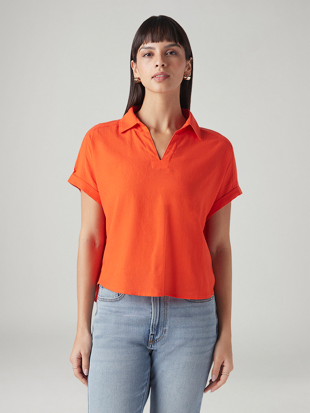 Women's Solid Relaxed Fit Linen Top - Front View