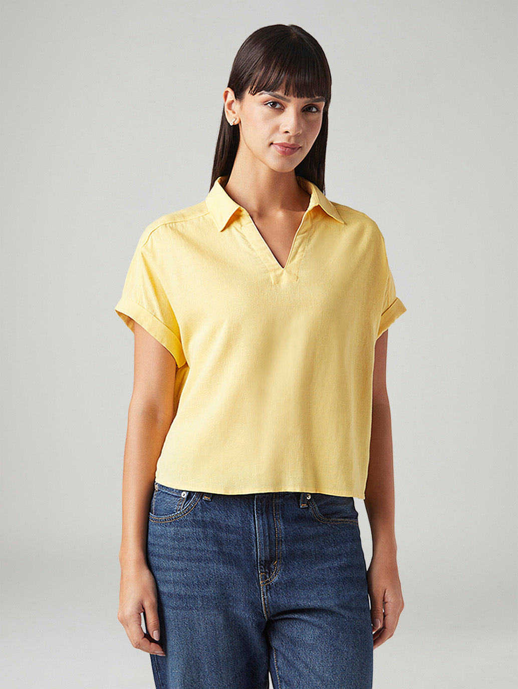 Women's Solid Relaxed Fit Linen Top - Front View