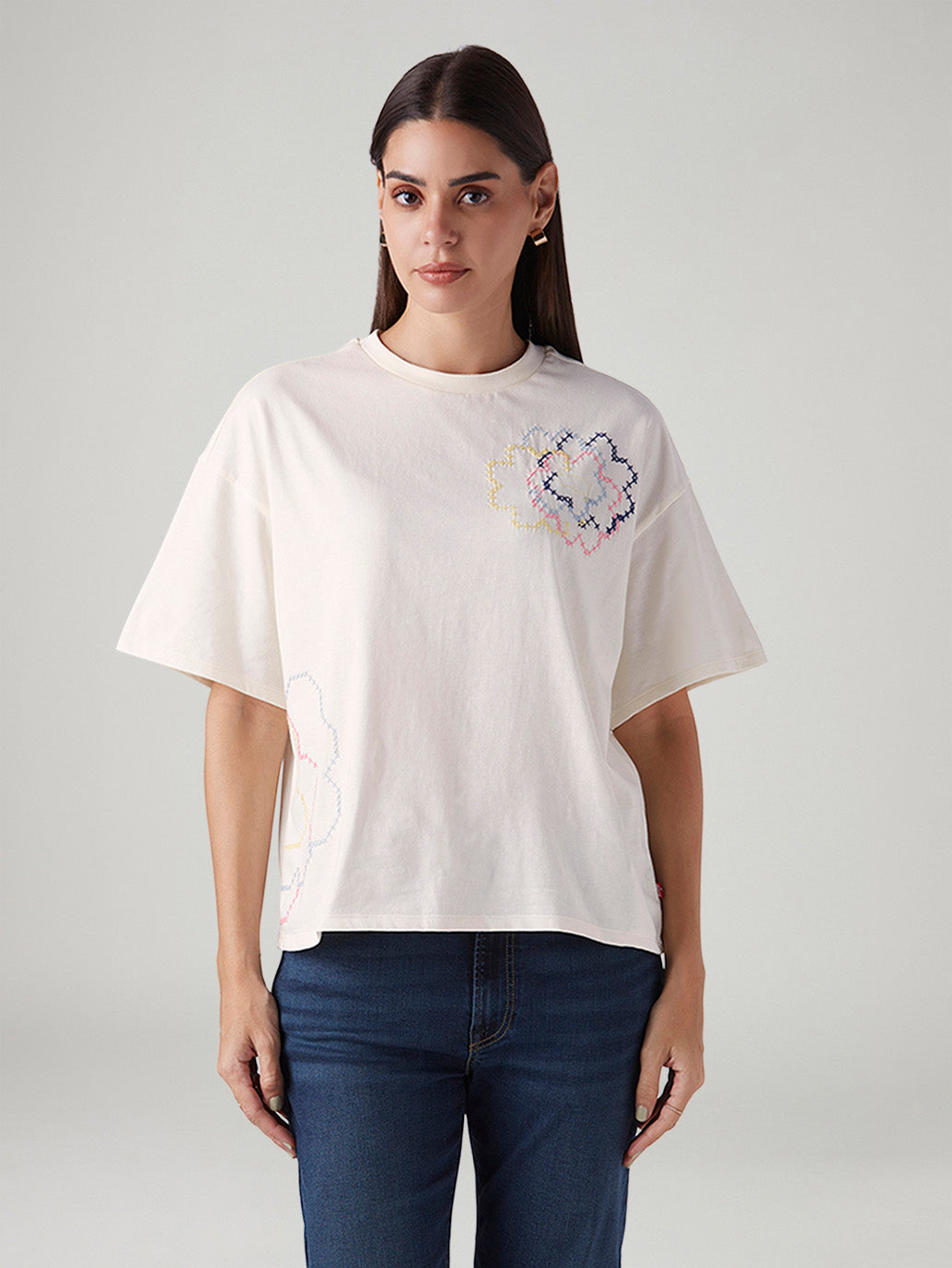 Women's Embroidered Relaxed Fit Oversize T-Shirt - Front View