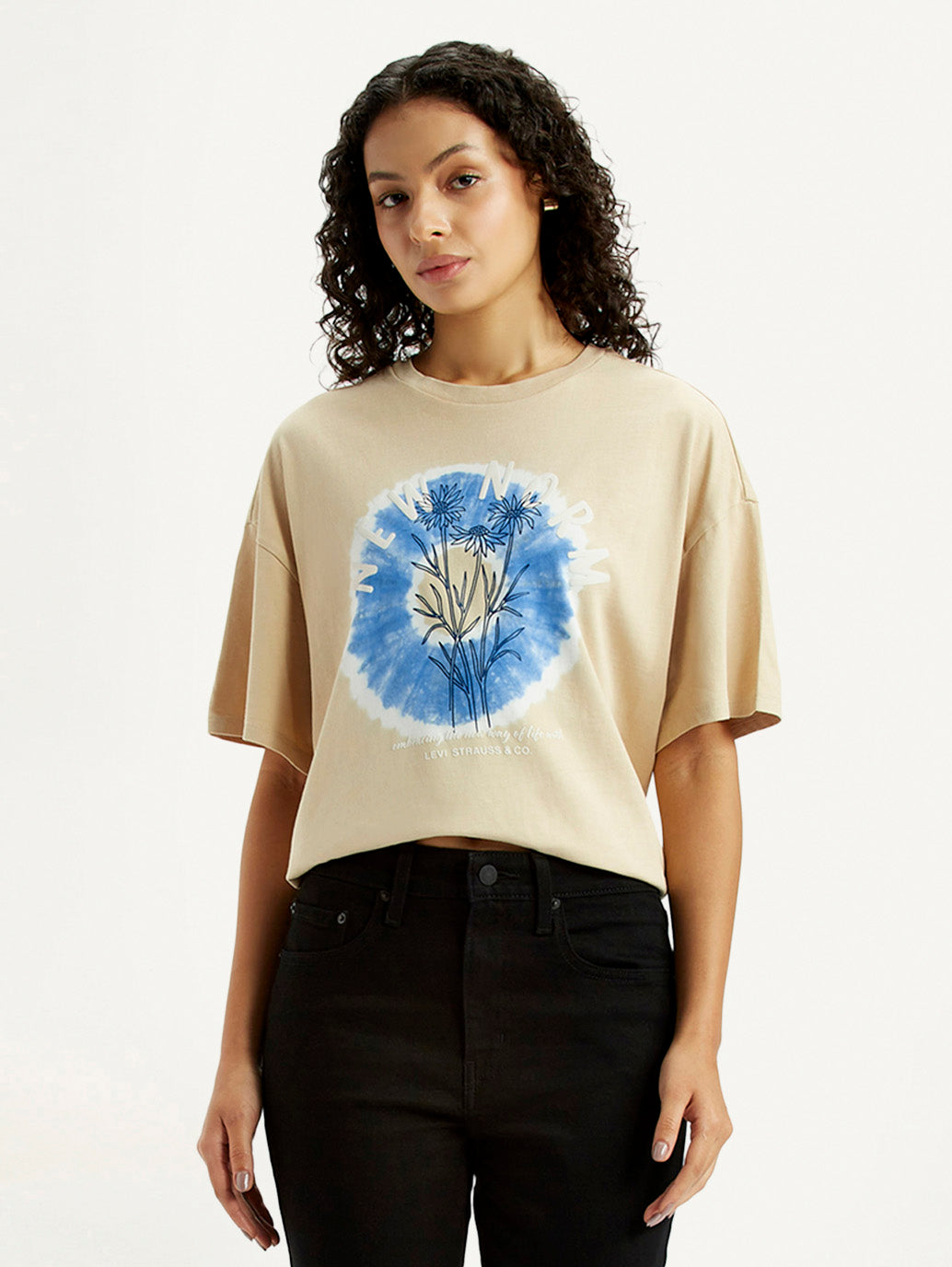 Women's Graphic Print Beige Relaxed Fit T-shirt - Styleshot View