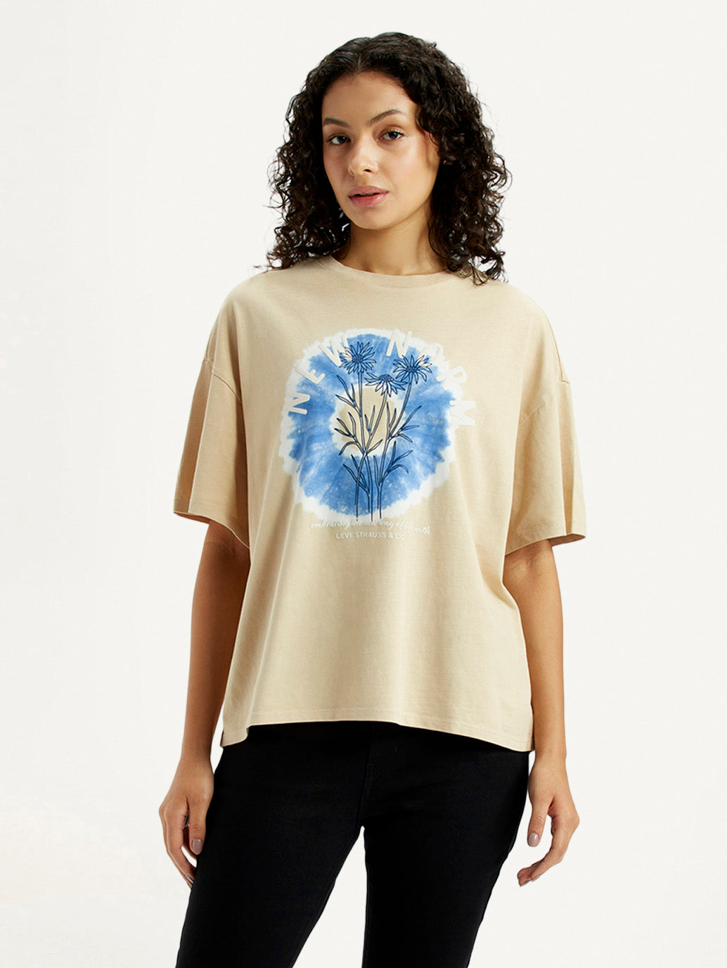 Women's Graphic Print Beige Relaxed Fit T-shirt - Front View