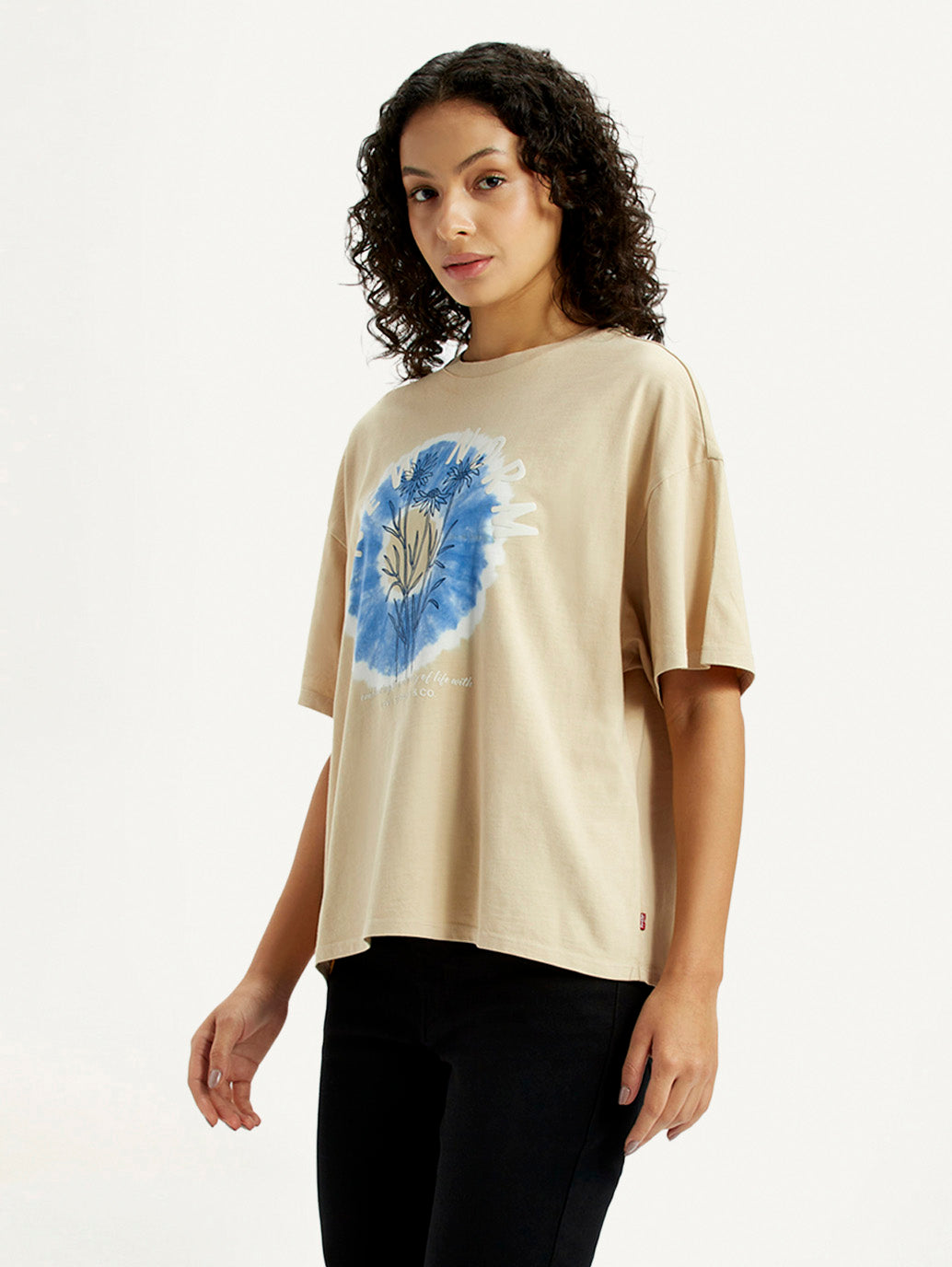 Women's Graphic Print Beige Relaxed Fit T-shirt - Side View