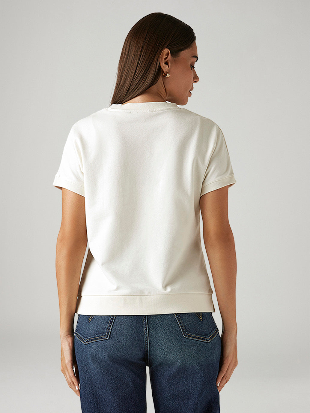 Women's Solid White Relaxed Fit T-shirt - Back View