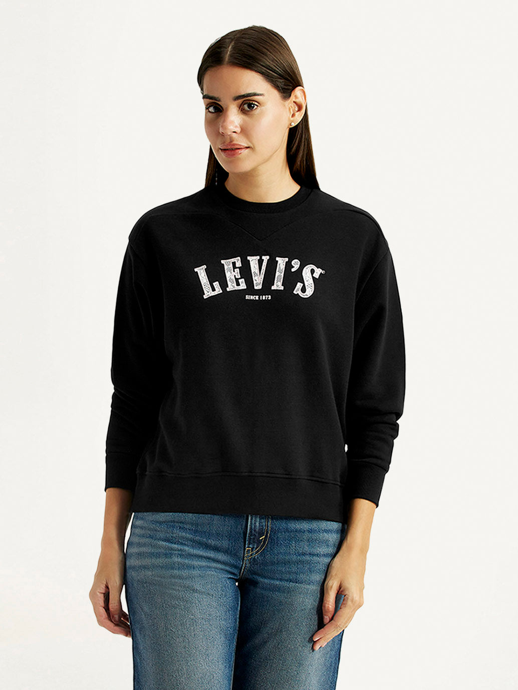 Women's Brand Logo Black Crew Neck Sweatshirt - Front View