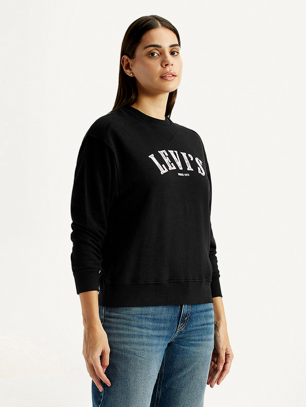 Women's Brand Logo Black Crew Neck Sweatshirt - Side View