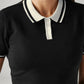 Women's Solid Black Polo Collar Dress - Detail View