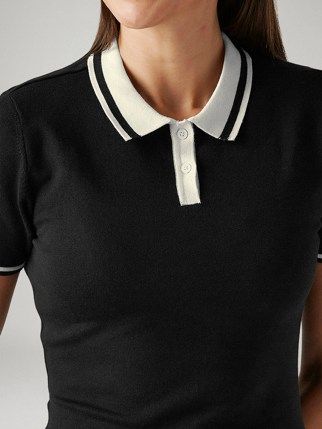 Women's Solid Black Polo Collar Dress - Detail View