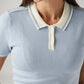 Women's Solid Light Blue Polo Collar Dress - Detail View