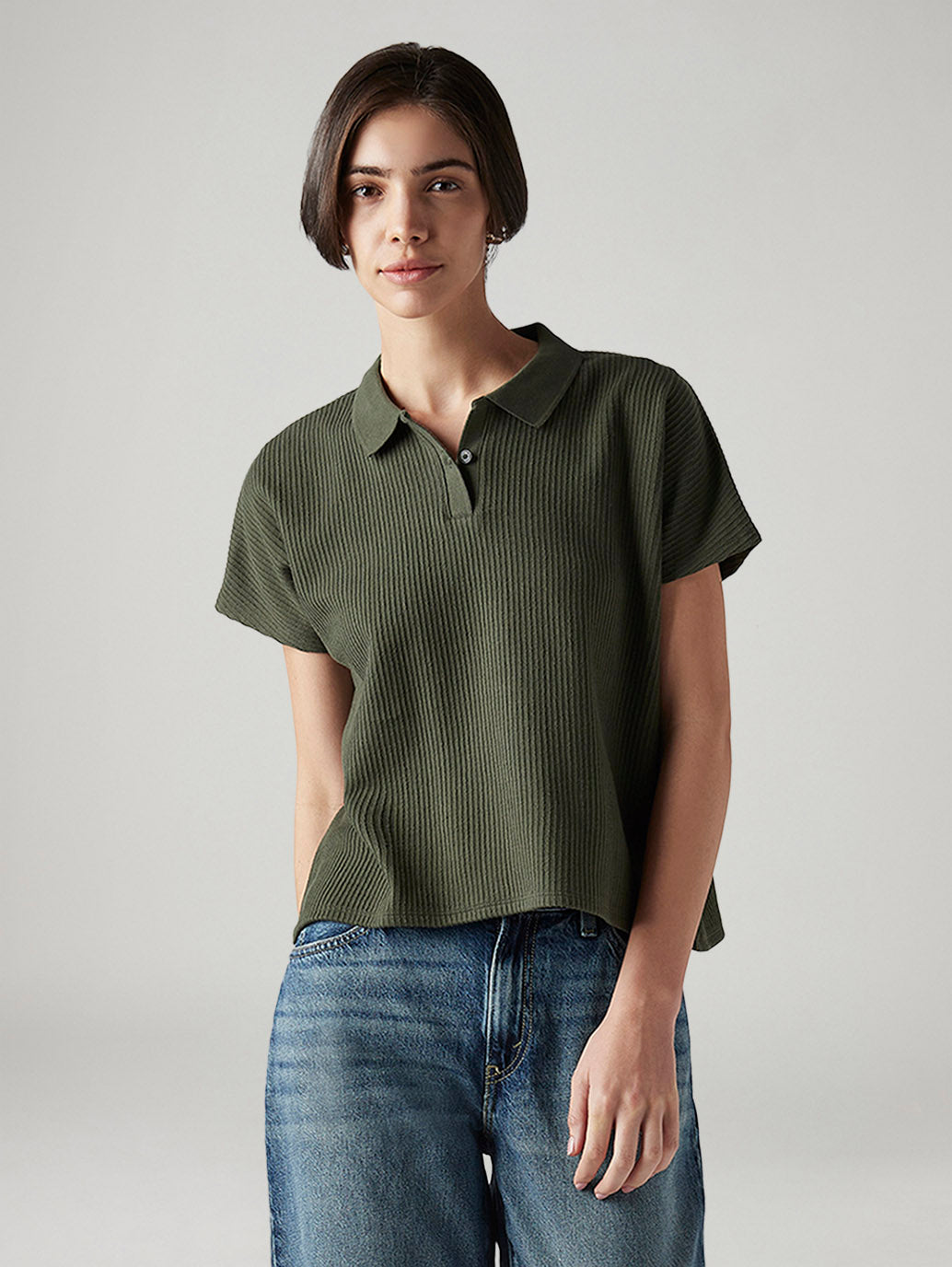 Women's Textured Olive Relaxed Fit Polo T-shirt