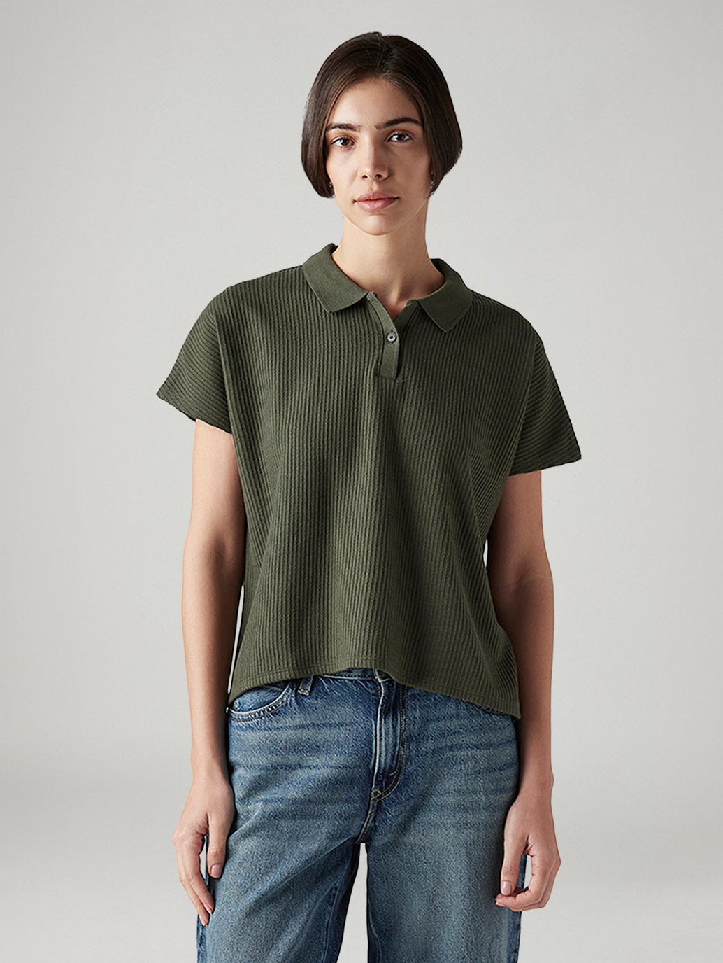 Women's Textured Olive Relaxed Fit T-shirt - Front View